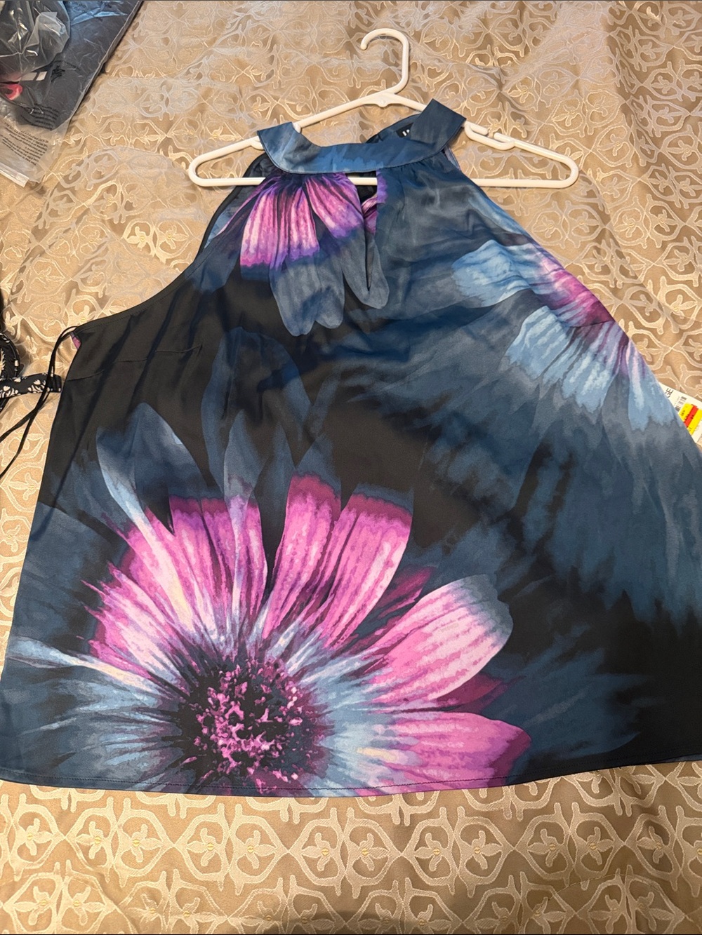 INC International Concepts Navy Halter Tank with Pink Floral Print